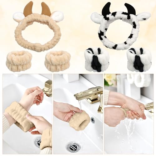 ZOCONE 6 Pcs Cute Makeup Headband Set, Cow Ears Headband Face Wash Wristbands Elastic Skincare Headband, Animal Headband Cow Face Wash Headband for Women Creative Hair Accessories for Beauty Sports - Image 7
