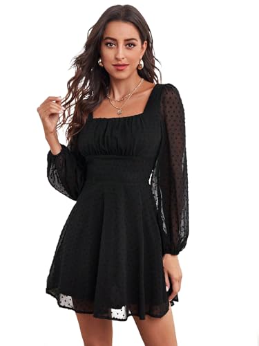 Image of Women's Polka Swiss Dots Square Neck Dress Lantern Long Sleeve Dress for Women Chiffon Mini Dress