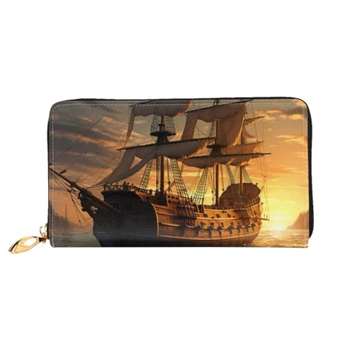 Leather Wallet for Women Men Bifold Wallet Ultra Slim Credit Card Holder Fantasy Pirate Ship Ladies Clutch Purse
