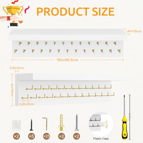 Image of Medal Hanger Display and Trophy Shelf Organizer, Wooden Wall Mount Ribbon Holder with 25 Steel Hooks, Race Awards Storage Rack Stand for Sports Enthusiasts