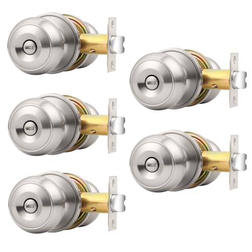 Probrico Brushed Nickel Interior Door Knobs, Privacy Door Knob for Bathroom Bedroom, Stainless Steel Door Knob with Lock for Interior Door, 5 Pack