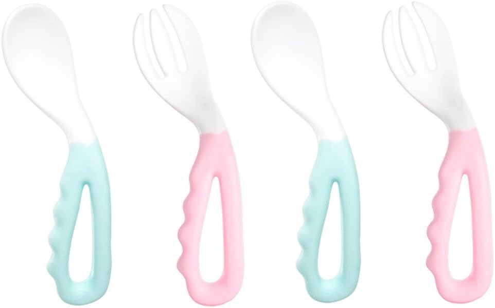 Reizbaby Easy-to-Hold Baby Spoon and Fork Set with Curved Handle Fun Learning Cutlery for Toddlers BPA Free (4 pcs)