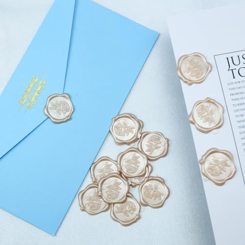 Wax Seal Stickers - 3D Champagne Rose Wedding Invitation Envelope Botanical Seal Stickers, 50 Pcs Self- Adhesive Stickers, Perfect for Wedding Invitation, Christmas, Gift Wrapping, Baby Shower