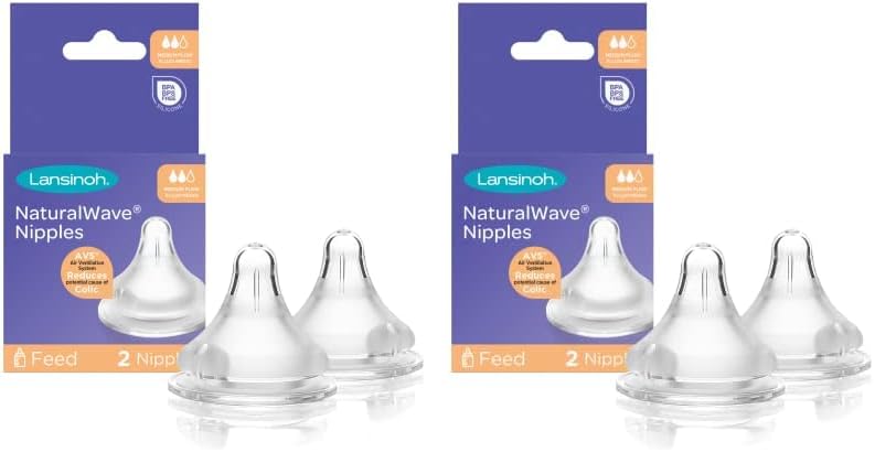 Image of Lansinoh NaturalWave Baby Bottle Nipples, Medium Flow, Size 3M, Anti-Colic, 2 Count (Pack of 2)