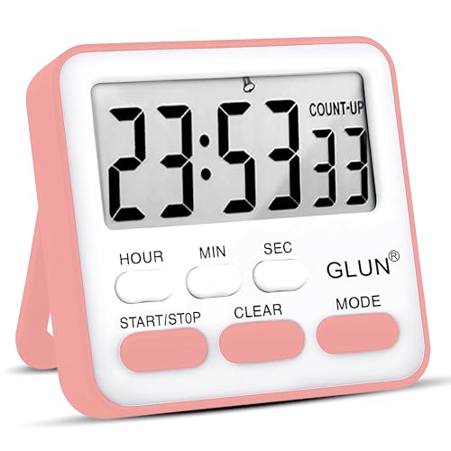 Image of GLUN Digital Multi-Function Timer Clock | Magnetic Back, Loud Alarm, Large LCD Display | Countdown, Stopwatch, Stand & Hanging Hole for Kitchen & Study (Pink)