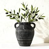 Jarrón de Cerámica Vintage con 4 Asas, Jarrón Rústico Negro Mate de 25,9 cm, Ánfora Decorativa Estilo Terracota para Flores, Recibidor, Mesa, Estantería, Salón y Chimenea