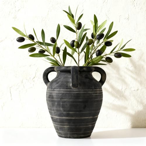 Handmade Flower Vase, 10.2" Rustic Terracotta Vase with 4 Handles, Vintage Ceramic Flower Vase, Matte Black Ear Pot for Entryway, Table, Shelf, Living Room, Fireplace, Home Decor