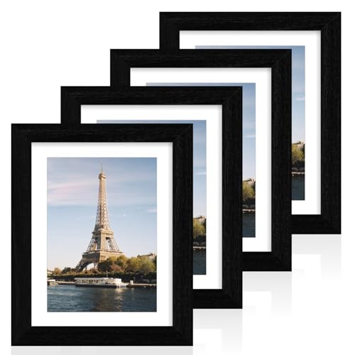 iRahmen 7x10 Picture Frame with Mat 5.5x8.5 - High Definition Real Glass Wooden Photo Frames for Tabletop Display and Wall Mounting (Black Woodgrain, Set of 4)