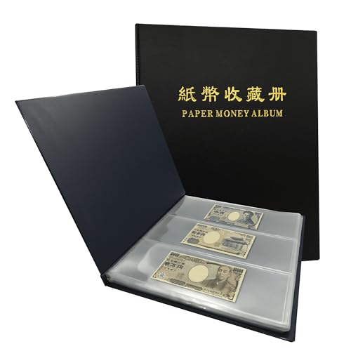 PCCB MINGT 3 Rows 60 Slots Multi-Colour Optional Paper Money Collection Album Banknote Display Storage Album with Transparent Background Sheets (Black)