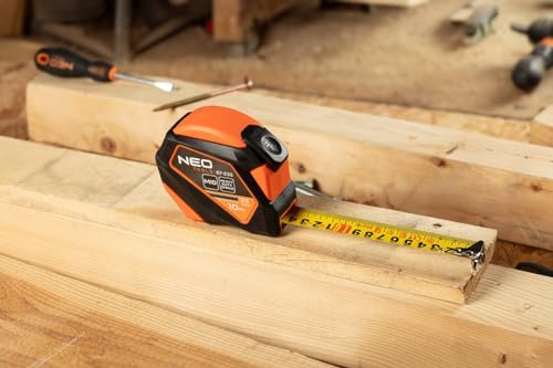 NEO TOOLS Profesjonalna taśma miernicza 5 m – nylonowa taśma stalowa – haczyki magnetyczne – przyciski zatrzymania – automatyczne zatrzymywanie taśmy – szerokość taśmy 19 mm – dokładność MID