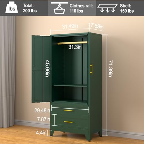 RISTERN 71” Metal Storage Cabinet with 2 Doors, 1 Adjustable Shelf and 2 Draws, Armoire Wardrobe Closet with Hanging Rods for Home Office, Bedroom, Living Room (Green)