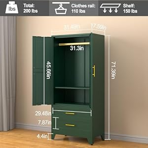 71” Metal Storage Cabinet with 2 Doors, 1 Adjustable Shelf and 2 Draws, Armoire Wardrobe Closet with Hanging Rods for Home Office, Bedroom, Living Room (Green) 71 Metal Storage Cabinet with 2 Doors 1 Adjustable Shelf and 2 Draws Armoire Wardrobe Closet with Hanging Rods for Home Office Bedroom Living Room Green