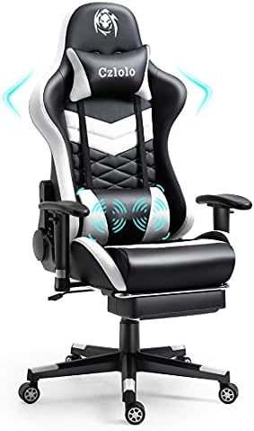Massage Gaming Chair with Footrest, Ergonomic Computer Office Chair, Racing Style, Adjustable Armrests, Easy Assembly, White