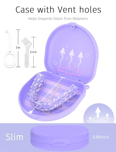 HEMILAB Retainer Case, Compatible with Invisalign, Vivera, Slim Aligner Case with Vent Holes, Portable Orthodontic Container with Removal Tool, Brush and Lanyard, Purple