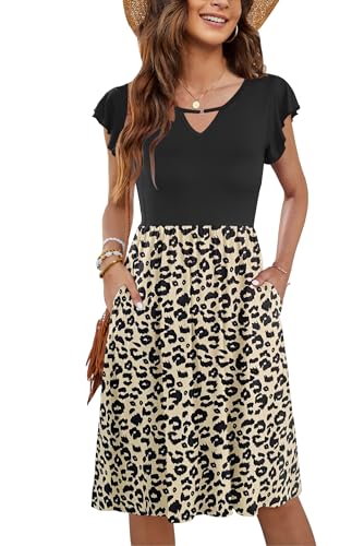 Image of PLOKNRD Women's Summer Dress V-Neck Ruffle Sleeve Ladies Dress Elastic Waist Loose Swing Casual Dress with Pockets Knee Length (PJ Leopard,L)