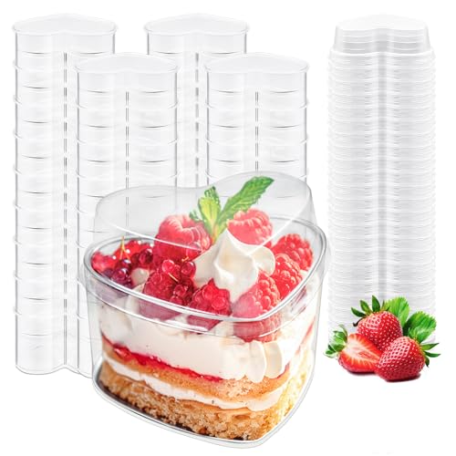 Temmgnie 50 Pack 5oz Heart Dessert Cups with Lids,Mini Parfait Cups,Clear Dessert Serving Bowls for Party Appetizers,Ice Cream,Mousse,Pudding and Fruit