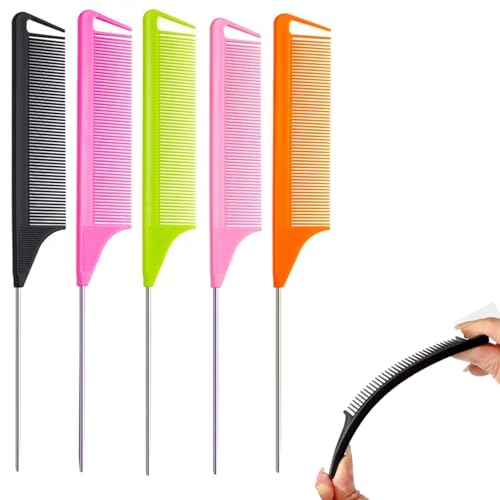 5 PCS Anti-Static Tail Combs - Carbon Fibre Styling and Heat Resistant Rattail Combs with Steel Pintail for Hair Parting Cutting and Teasing Salon-Quality for Women and Men 5 Colors