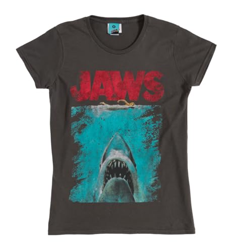 T-shirt Jaws distressed movie poster fitted charcoal t shirt en coton gris rétro