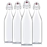 Bormioli Rocco Giara Swing Top Bottles 33 ¾ Ounce-4 Pack Round Clear Glass Grolsch Flip Top Bottle With Stopper, for Beverages, Smoothies, Kefir, Beer, Soda, Juicing, Kombucha, Water, Milk and Vinegar