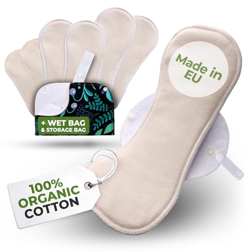 Compresas Reutilizables Ecológicas de Algodón Orgánico; 7-Pack + Bolsa (S,M,L,XL) Compresas de Tela Lavables HECHAS EN LA UE; Compresas Tela Mujer Organico para menstruación, postparto, incontinencia