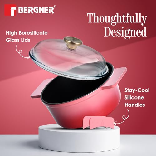 Image of Bergner Excalibur Lightweight Cast Iron Dutch Oven /Biryani Pot /Casserole with Glass Lid, 26cm /5L, Non-Stick Coating, PFAS Free, Elegant Design, Silicone Grips, Induction and Gas Stove Ready (Pink)
