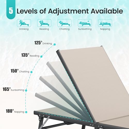 Image of Amopatio Outdoor Lounge Chairs Poolside Chaise Lounge for Patio | Foldable Stackble Fully Assembled Weather Resistant Breathable Textilene 5-Position Adjustable Backrest 400LBS Capacity