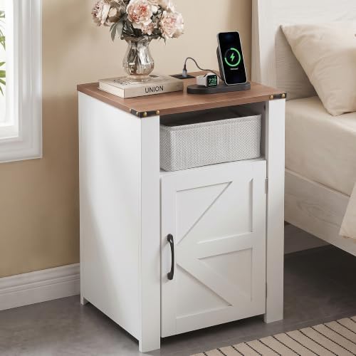 Image of VECELO Set of 2 Farmhouse Nightstands with Charging Station, Rustic Wooden Bedside Tables,End Tables with Open Shelf & Hidden Storage Cabinet for Bedroom, Living Room, White