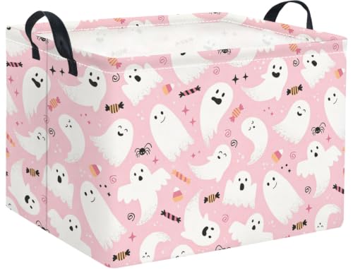Image of Rectangular Halloween Basket for Boys and Girls Kids Trick or Treat Pumpkin Basket for Halloween Parties Cute Storage Bin Organizer Box Room Decor(Pink Halloween)