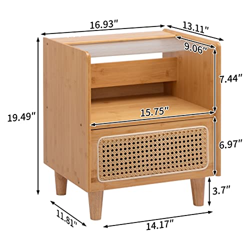 Hollyhome Bamboo Rattan Nightstand With Glass Top，Accent Boho Bedside Table With Drawer And Storage，Retro Sofa End Cupboard For Bedroom, Living Room, Small Space Farmhouse End Table, Burlywood #TOP1