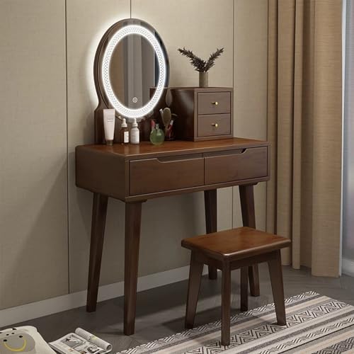 Escritorio de madera con espejo y luz LED, brillo ajustable, con cajones y taburete, tocador de madera maciza adecuado para vestidor de dormitorio, apartamento (madera original + blanco, 60 x 40 x 135