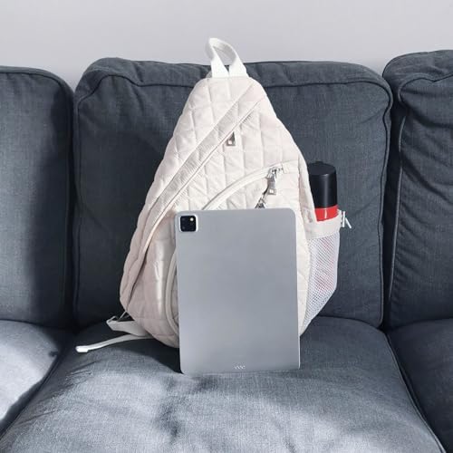 Large Cream Color Quilted Nylon Sling Bag for Women, Light Beige Big Unisex Crossbody Daypack, Lightweight Everyday White One Shoulder Travel Backpack with Hidden Pockets and Bottle Holder2