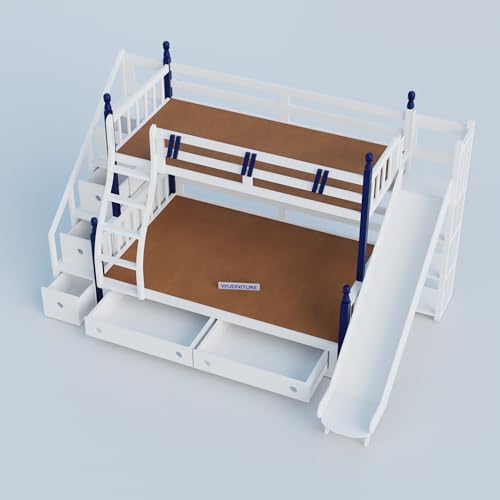 Image of Wudniture Solid Sheesham Wood Bunk Bed for Kids and Adults with Storage | Bunk Bed with Slide | Natural White and Blue