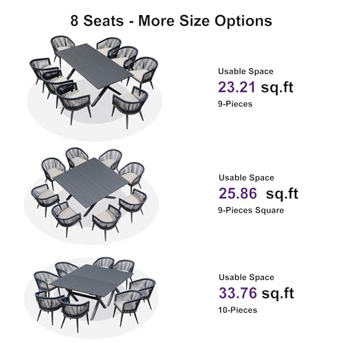 Image of PURPLE LEAF Outdoor Dining Set Squareuare for 8 with Cushions Rattan Grey