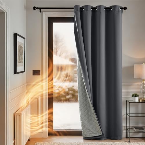 TOPICK Thermovorhang Kälteschutz doppelten Gardinen Ösen H214xB132 1 Stück | Gardinen Wohnzimmer Schwarz Türvorhang Verdunklungsvorhänge Schlafzimmer Vorhänge mit abnehmbare Schich