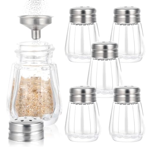 Thinp 6 Pcs Mini Glass Salt & Pepper Shakers with Stainless Lids & Funnel for Kitchen & Restaurants, Transparent