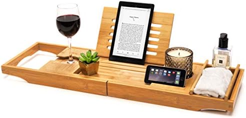 CORAZON HOME Luxury Bamboo Bath Tray - Wooden Bathtub Caddy and Breakfast Tray with Ipad/Tablet Holder - Phone Holder and Wine Glass slot- Candle/Glass Holder - Bath Shelf - Perfect Bathroom Accessory