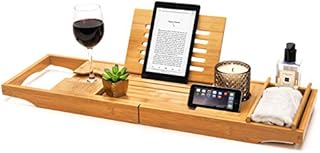 CORAZON HOME Luxury Bamboo Bath Tray - Wooden Bathtub Caddy and Breakfast Tray with Ipad/Tablet Holder - Phone Holder and Wine Glass slot- Candle/Glass Holder - Bath Shelf - Perfect Bathroom Accessory
