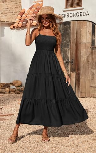 PRETTYGARDEN Women's Summer Maxi Dress 2025 Casual Boho Sleeveless Spaghetti Strap Smocked Tiered Long Beach Vacation Sundresses (Black,S) - Image 2
