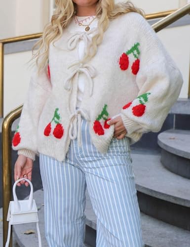 Image of FindThy Women's Tie Front Cardigan Sweater Cute Long Sleeve Crew Neck Bow Knot Knit Outwear