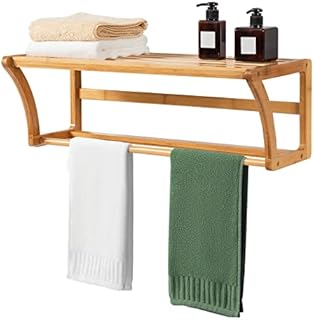 CASART Bamboo Wall Shelf, 2-Tier Bathroom Towel Rack with Hanging Bar, Wall-Mounted Storage Shelf Rack for Bathroom Kitchen Sauna Entryway