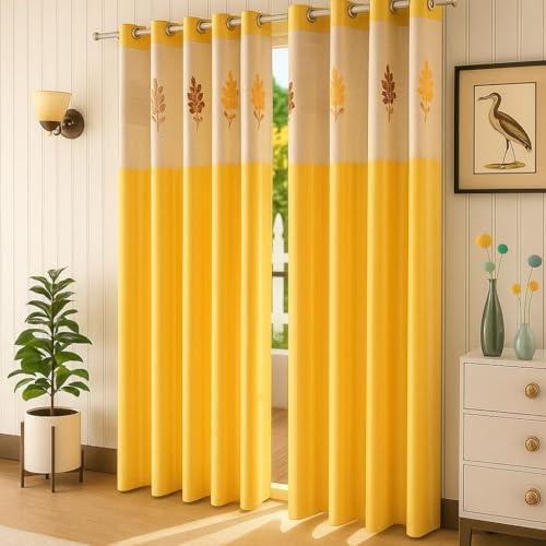 Image of Polyester Floral Patch Printed Curtains, Curtains for Home Decor, Curtains for Windos, Curtains for Door, Curtains for Long Door (Set of 2 Pcs)(Yellow 7 Feet)