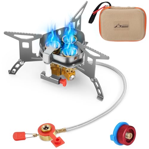 WADEO Estufa de camping a prueba de viento 6800W, estufa de gas para camping con encendido piezoeléctrico y adaptador de butano, quemador de estufa portátil y plegable para mochileros y picnics