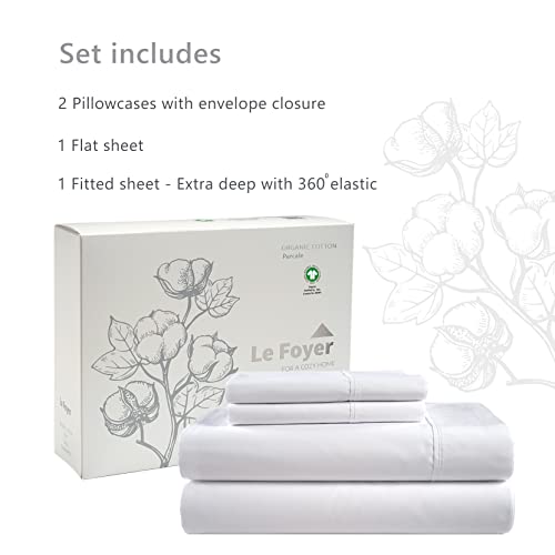 Lefoyer 100% Organic Cotton King Sheet, Percale Weave, 4-Piece Bed Sheets- One Flat, One Fitted & 2 King Pillow Cases, Deep Pockets, Ultra Soft Best Bedding Sheets Set For Bed- White #TOP3