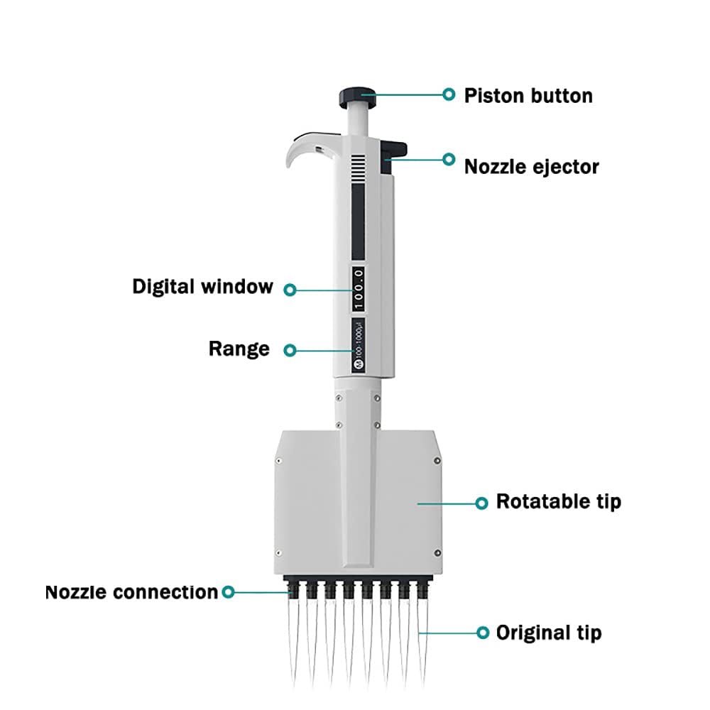 0,5 ul–300 ul Laborpipette, einstellbare 8/12-Kanal-Pipette, 360 ° drehbare Spitze, Einstellbarer Bereich/digitales Fenster, für präzise Probenentnahme im Labor,5-50ul,B