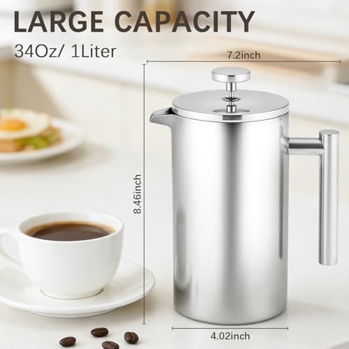 CAOANTRY French Press Coffee Maker, 304 Grade Stainless Steel French Press with 2 Extra Filters for Home, Office, Travel, Camping - 34OZ/1 Litre (Sliver) - 1
