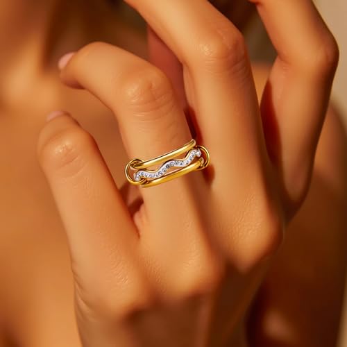 Wave Ring, Stainless Steel Rings, Non Tarnish Stackable Rings for Women, Gold Wave Ring Set, JASZTHES Mother Daughter Pinky Ring, Multi-Link Connected Rings,Fashion Ocean Ring Jewelry Gifts (Gold-3 rings, 8) by JASZTHES - Image 5