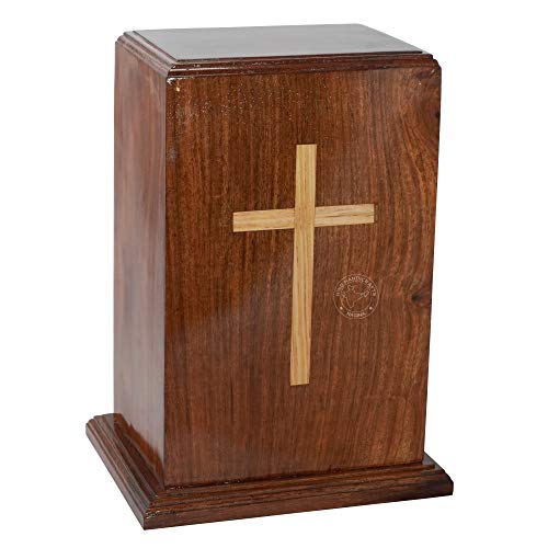 Hind Handicrafts Pine Cross Design Rosewood Wooden Cremation Urn for Human Ashes | Handcrafted Funeral Memorial Ash Storage Urn | Burial Columbarium, 250 Cu in
