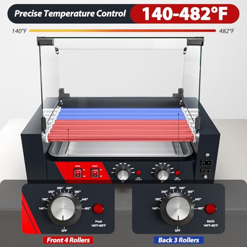 Baotree Commercial Hot Dog Rollers, 7 Rollers 18-24 Hot Dogs Capacity, 1000W Stainless Steel Hot Dog Griller with Dual Controls, Glass Cover, Removable Tray for Commercial and Party - Thumbnail 3