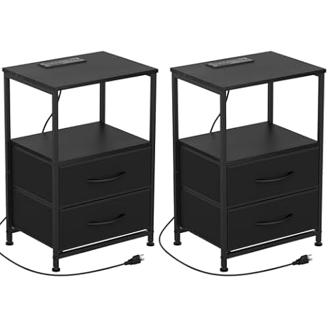 DOMYDEVM Set of 2 Black Nightstand with Charging Station Bedroom Night Stand Bedside Table with USB Ports and Outlets Small End Table with 2 Fabric Storage Drawers for Living Room Dorm Cover