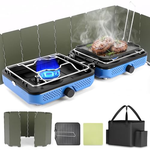Hisencn Camping Stove,2 Burner Propane Camping Stove with Windscreen,30,000 BTU Portable Propane Stove with Carry Bag,Outdoor Cooking Stove set for Camping Gear,RV Essentials,Camp Gifts for Man,Blue